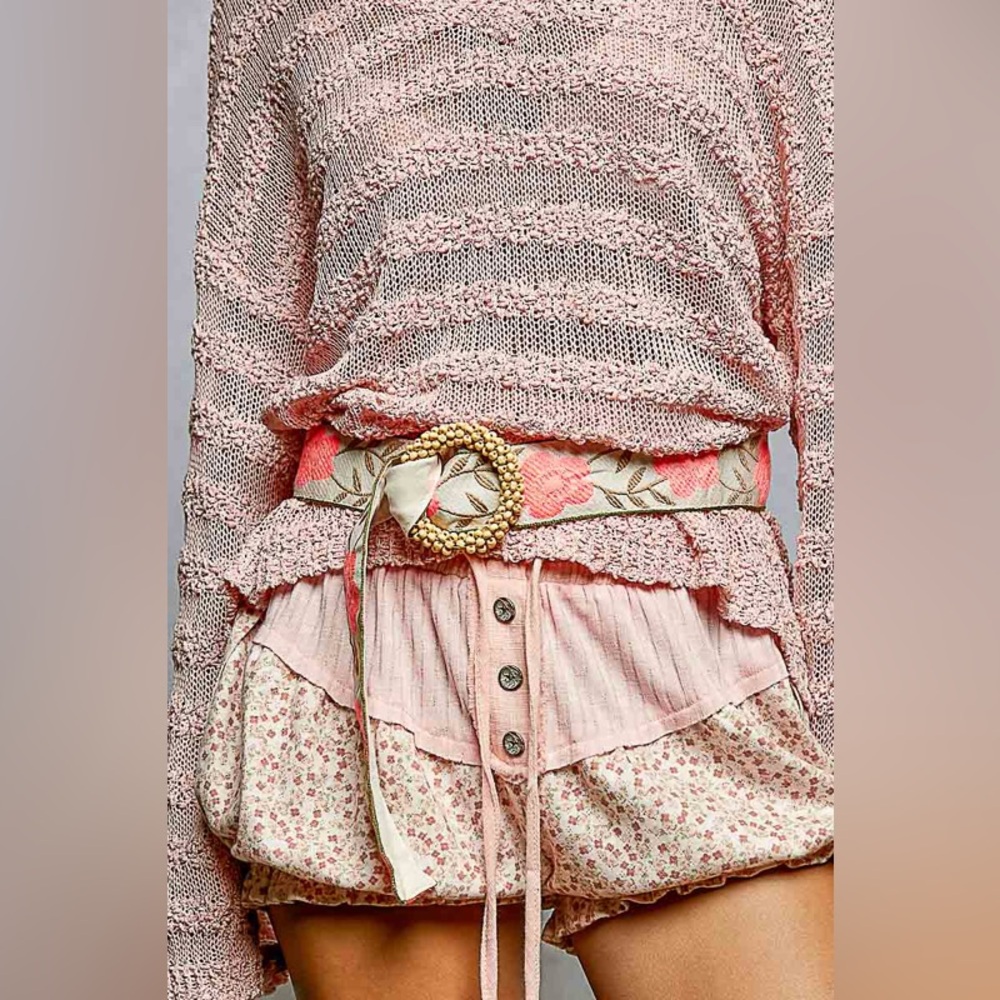 119-NEON PINK POL Beaded Buckle Embroidered Floral Belt